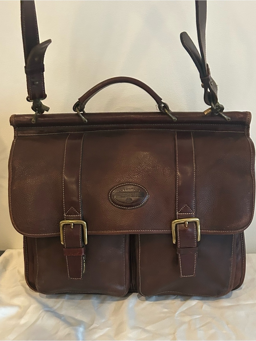 Vintage Fossil Brown Leather Messenger Briefcase Work Laptop Satchel Bag - Picture 6 of 14